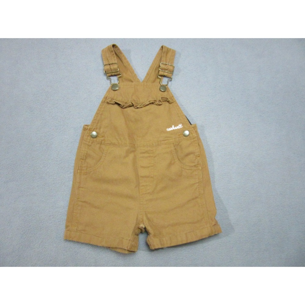 Carhartt Shortalls Coveralls Girls 18M Brown Ruffle Canvas Front Side Snap Logo